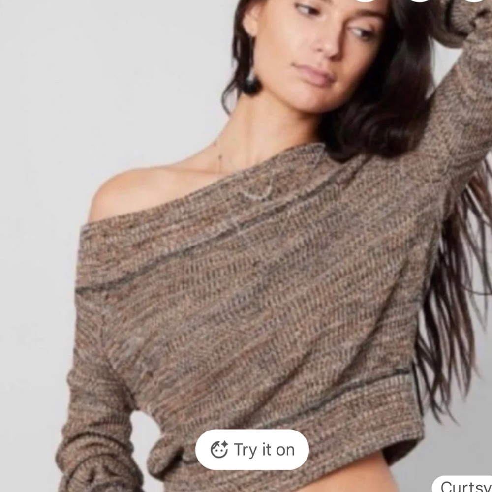 NWT Free People Wild Horses Combo Sugar Rush Off-Shoulder Brown Sweater
